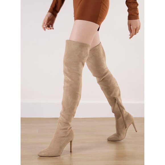Women Khaki Polyurethane Over The Knee High Stretchy Leather Thigh High Boots - Picture 5 of 5